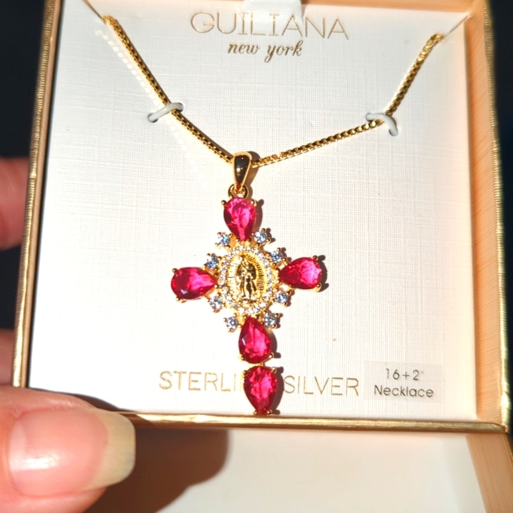 Sterling silver gold tone overlay Mary Cross with pink stones 16 in chain